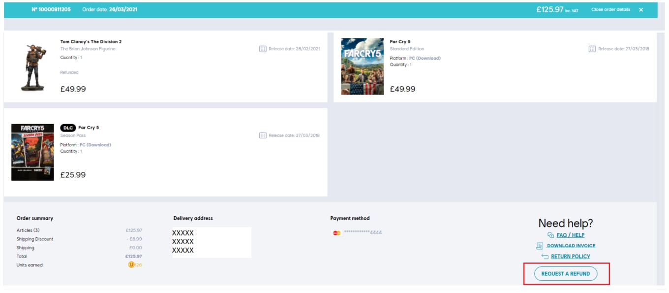 Requesting a refund on the Ubisoft Store